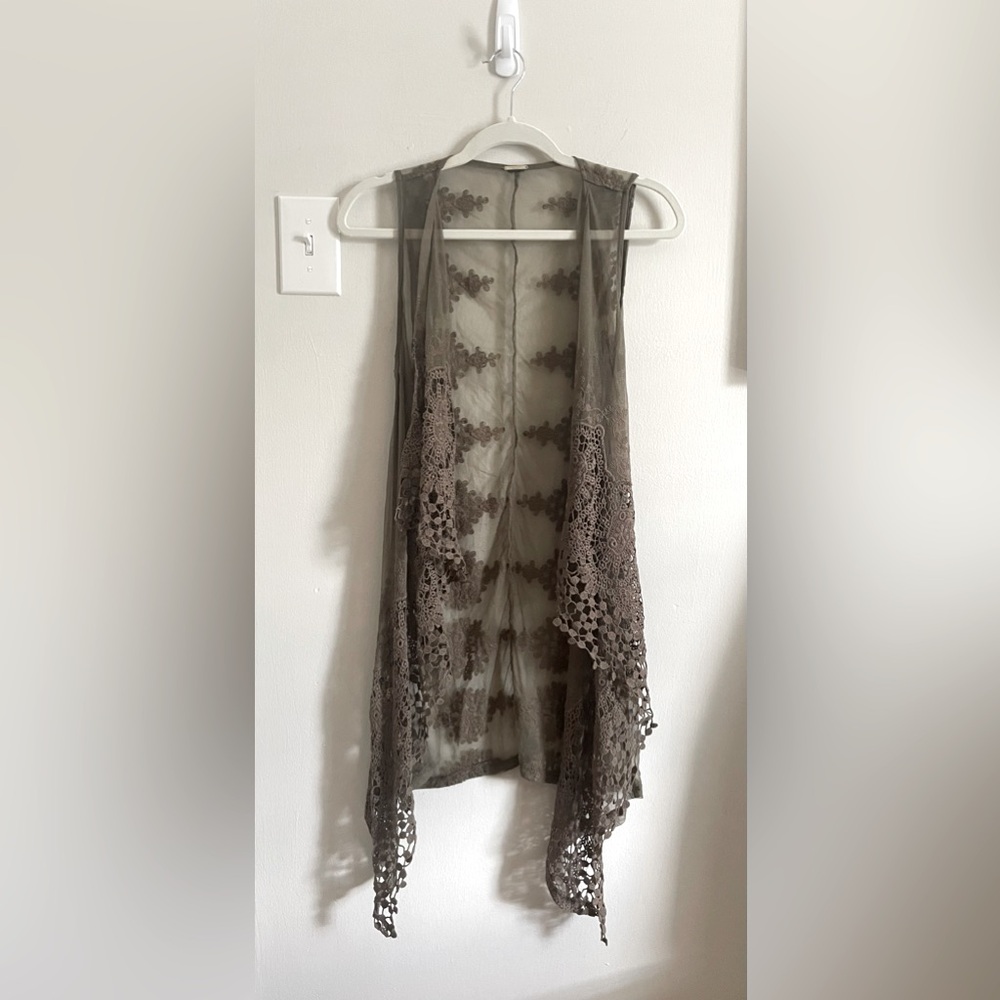 Chico’s Black Label Crochet Lace Long Vest, Olive Green, Sz. Small